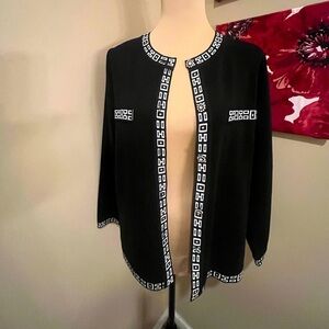 Two Two Boutique Black Cardigan,White Geometric Trim, Crystal buttons, size L